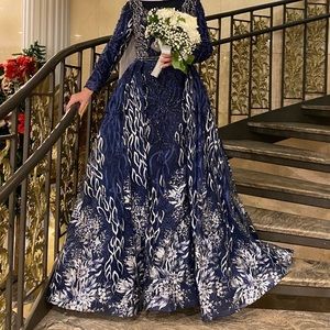 Long Sleeve Custom Design Gown with Attached Overskirt